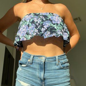 Purple, green, navy floral bandeau flowy strapless top